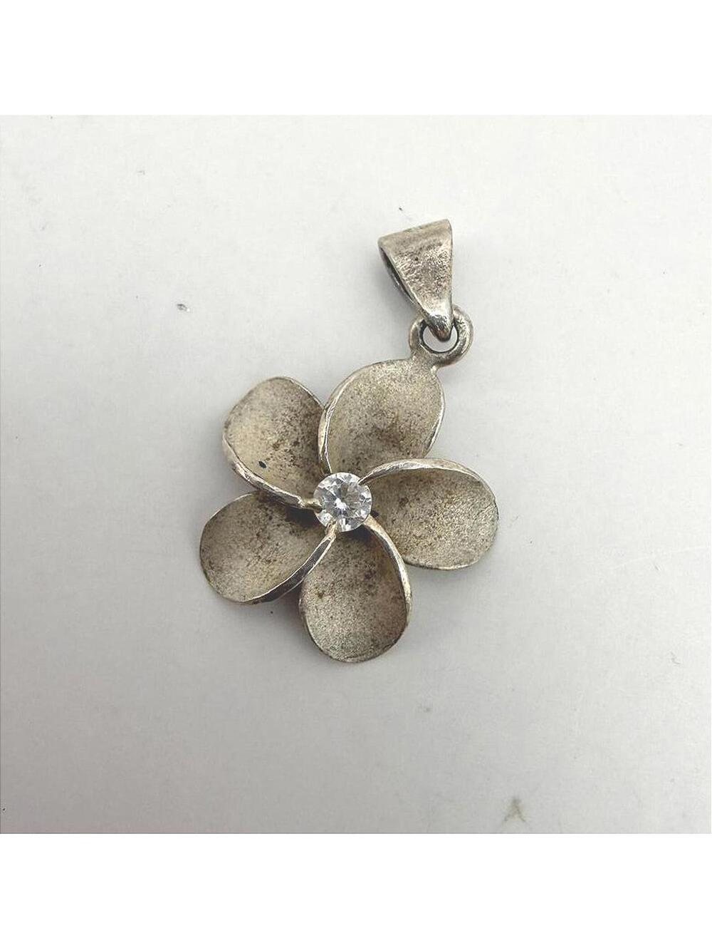 Vintage Silver Flower Pendant with Clear Stone Center